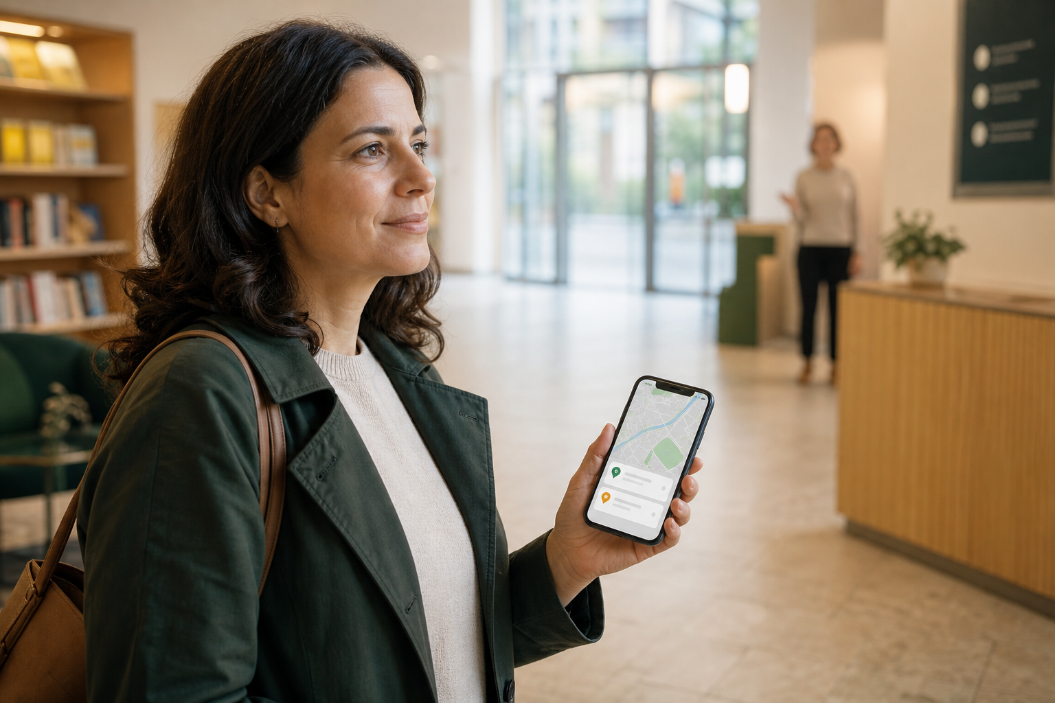 Eine Person findet auf dem Smartphone eine passende öffentliche Anlaufstelle.