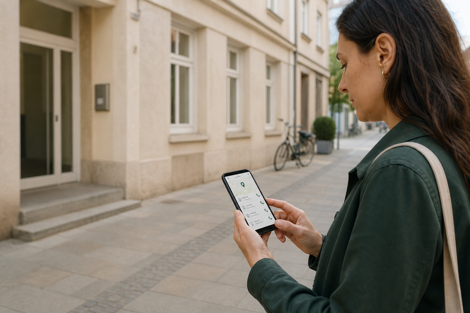 Eine Person sucht auf dem Smartphone nach öffentlich verfügbaren Praxis- und Kontaktdaten.
